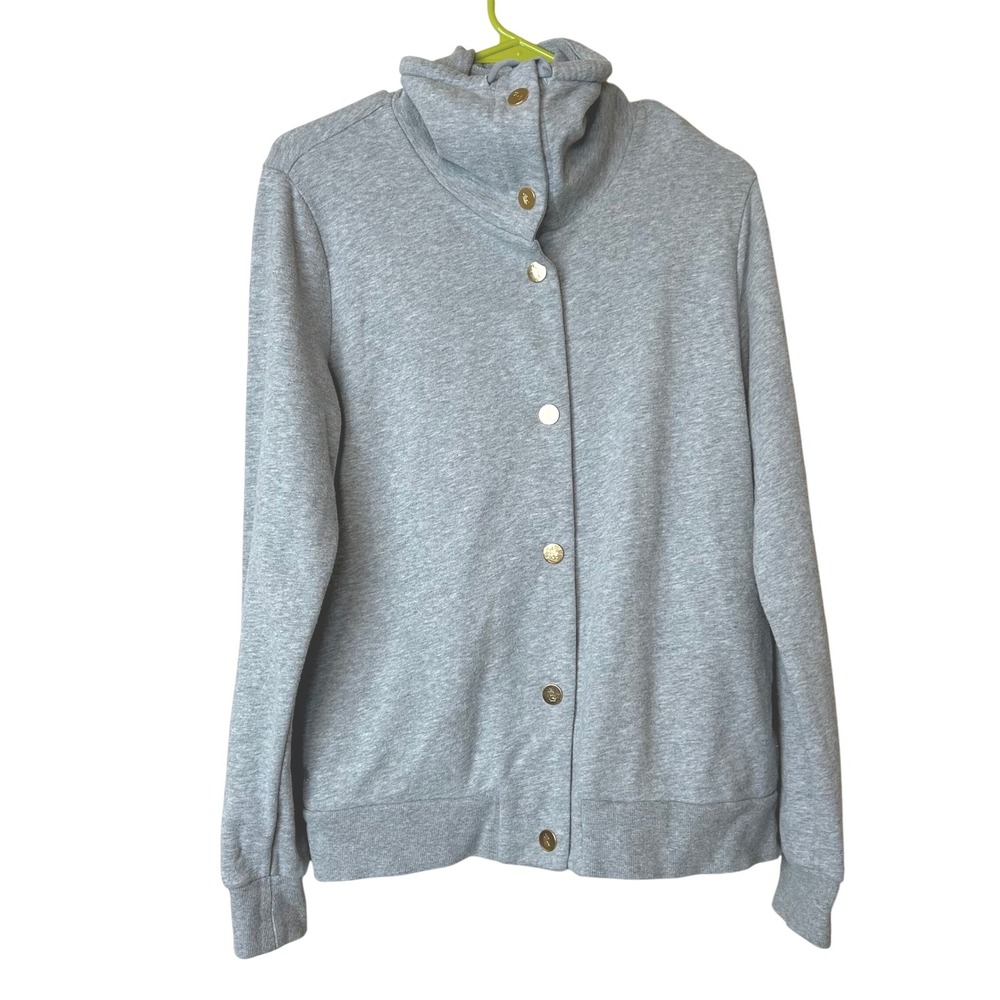 Lauren Ralph Lauren Funnel Neck Snap Front Sweatshirt Grey Gold Crest Buttons M